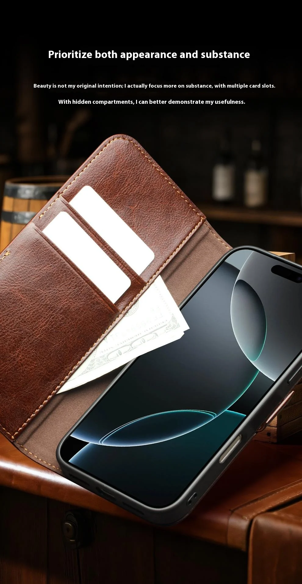 Case iPhone 17 Pro Max # Pre-order * เคส QIALINO พร้อมช่องใส่บัตร ซองหนังวัวแท้ตั้งได้ *