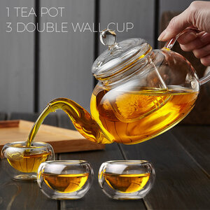ชุดกาน้ำชาแก้วใส ขนาด 600 ml. และแก้วชาสองชั้น 50ml. รหัส DUO 04 - กาน้ำชาแก้วใส 600ml. 1 ใบ แก้วสองชั้น 50ml. 3 ใบ