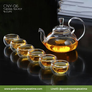 ชุดกาน้ำชาแก้วใส แบบหูจับโค้ง ขนาด 800 ml รหัส CNY 06 | กาแก้ว 800ml 1 ใบ, แก้วชาสองชั้น 6 ใบ