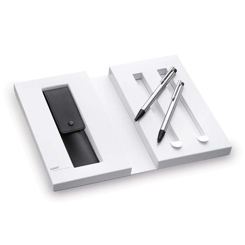 Lamy Logo Matte Stainless Steel Ballpoint Pen and Mechanical Pencil with Leather Case Gift Box Set