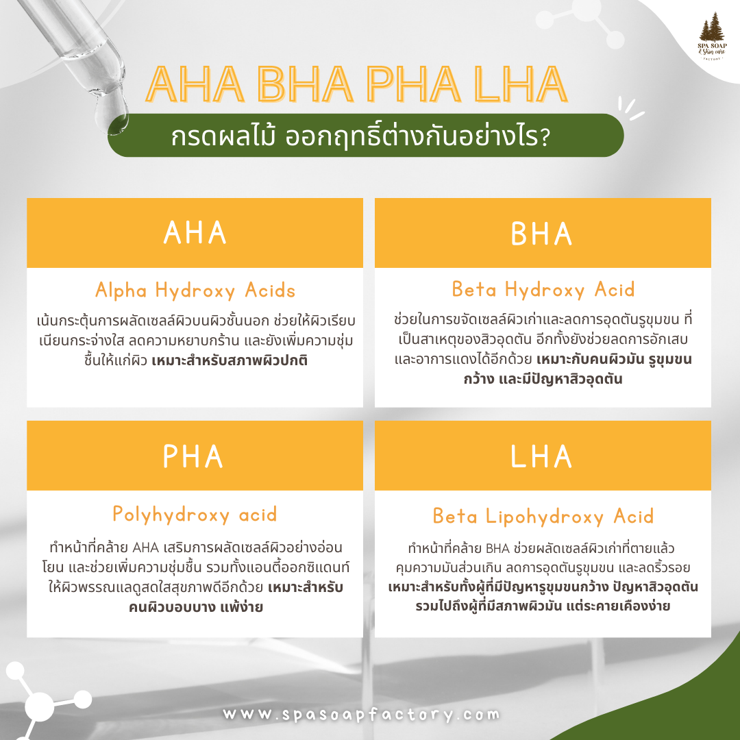 AHA BHA PHA LHA กรดผลไม้ ออกฤทธิ์ต่างกันอย่างไร? เลือกใช้ยังไงให้ตรงปัญหาผิว
