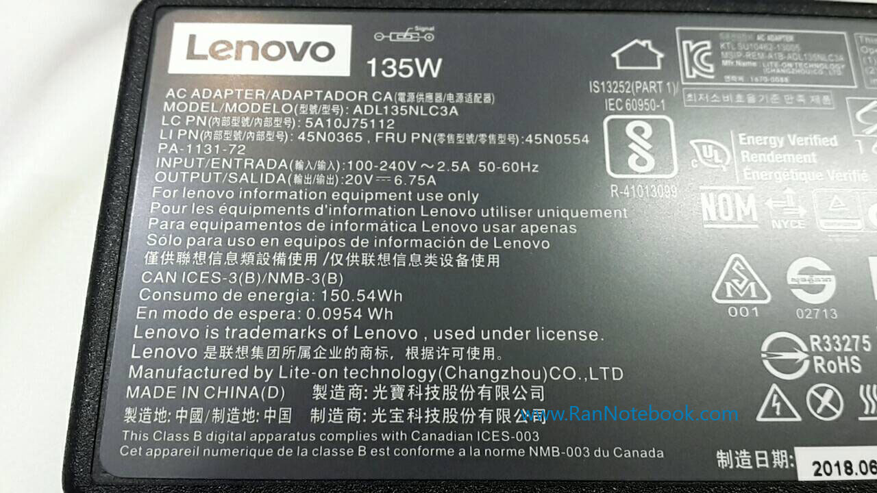 Adapter Lenovo T440p 20V 135W สายชาร์จ โน๊ตบุ๊ค ของแท้ ราคา พิเศษ ประกันศูนย์ Lenovo Thailand