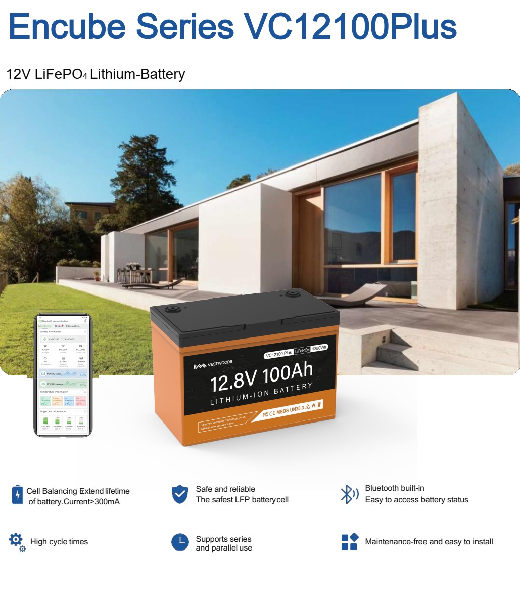 Vestwoods แบตเตอรี่ลิเธียมไอออนฟอสเฟต Lithium Iron Phosphate (LiFePO4) ความจุ 100Ah แรงดัน 12V สำหรับระบบโซล่าเซลล์ (VC12100Plus)