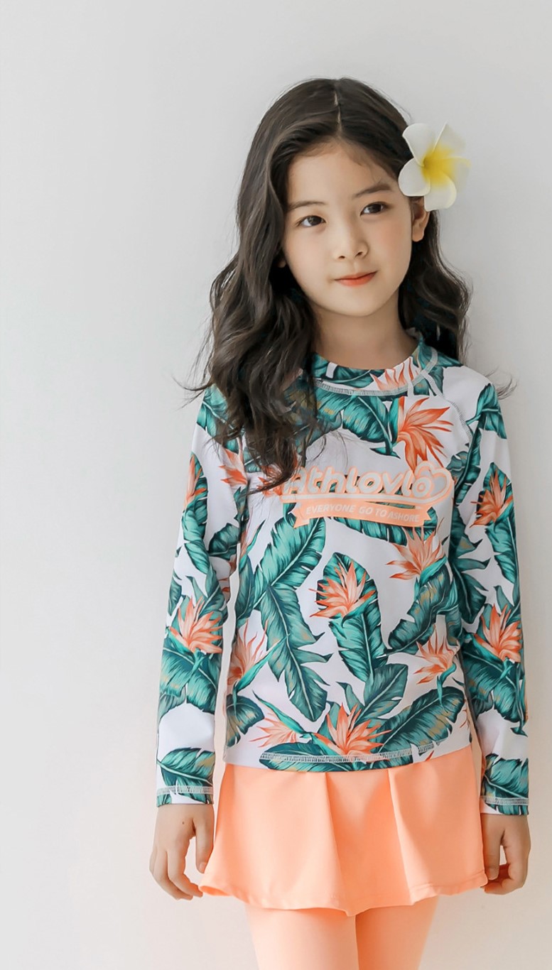 ชุดว่ายน้ำ พร้อมหมวก ลายใบไม้ สีโอรส ไซส์ 8