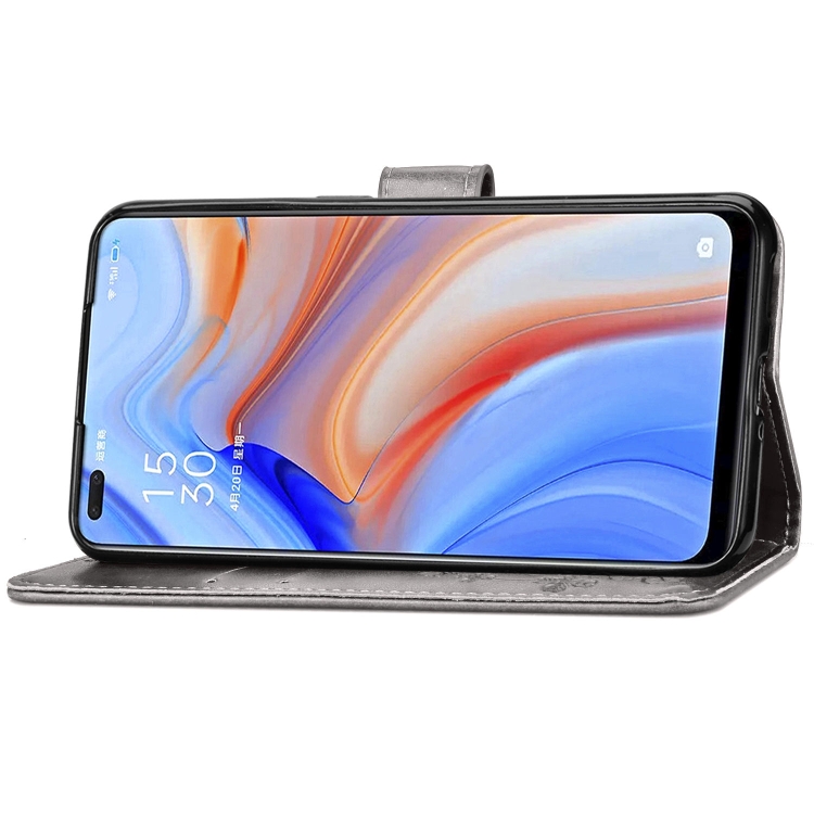 Case OPPO Reno4 5G / Pre-Order * เคสเข็มกลัดสี่ใบนูนซองหนัง พร้อมสายคล้อง & ช่องเสียบการ์ด & ฟังก์ชันกระเป๋าสตางค์ *