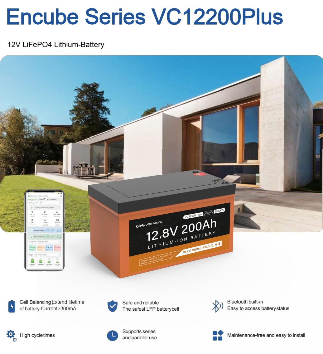 Vestwoods แบตเตอรี่ลิเธียมไอออนฟอสเฟต Lithium Iron Phosphate (LiFePO4) ความจุ 200Ah แรงดัน 12V สำหรับระบบโซล่าเซลล์ (VC12200Plus)