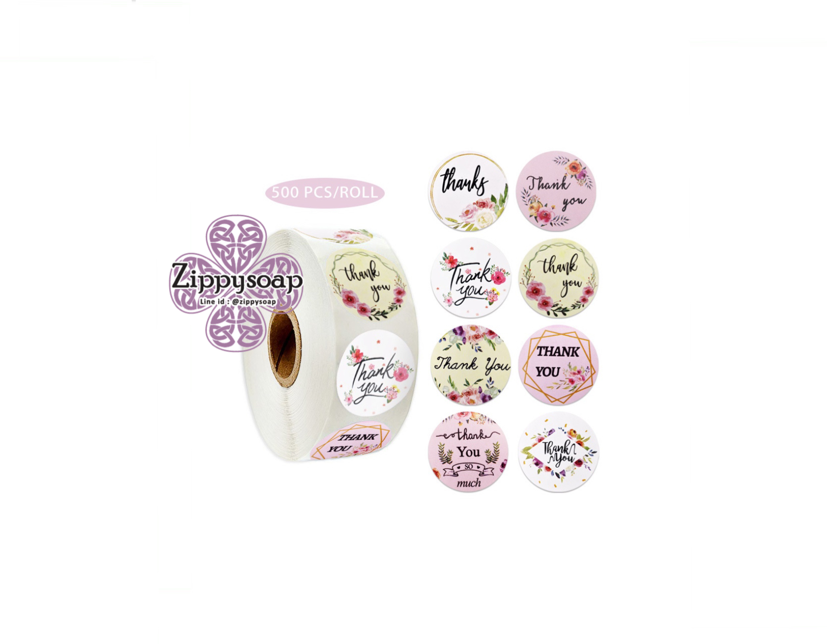 สติ๊กเกอร์ Thank you ดอกไม้คละลาย 1ม้วน มี 500 ดวง 005000