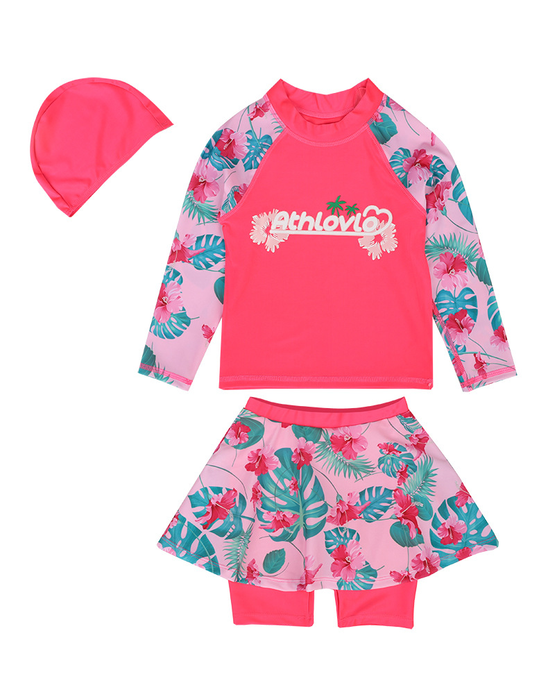 ชุดว่ายน้ำ พร้อมหมวก สีชมพู ลายดอก ไซส์ 6