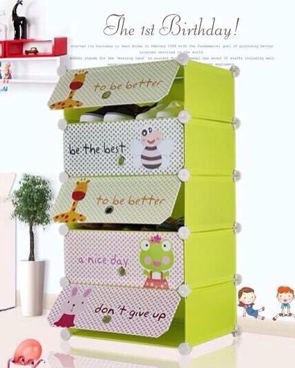ตู้รองเท้า DIY 5 ช่อง ลายสัตว์น้อย สีเขียว