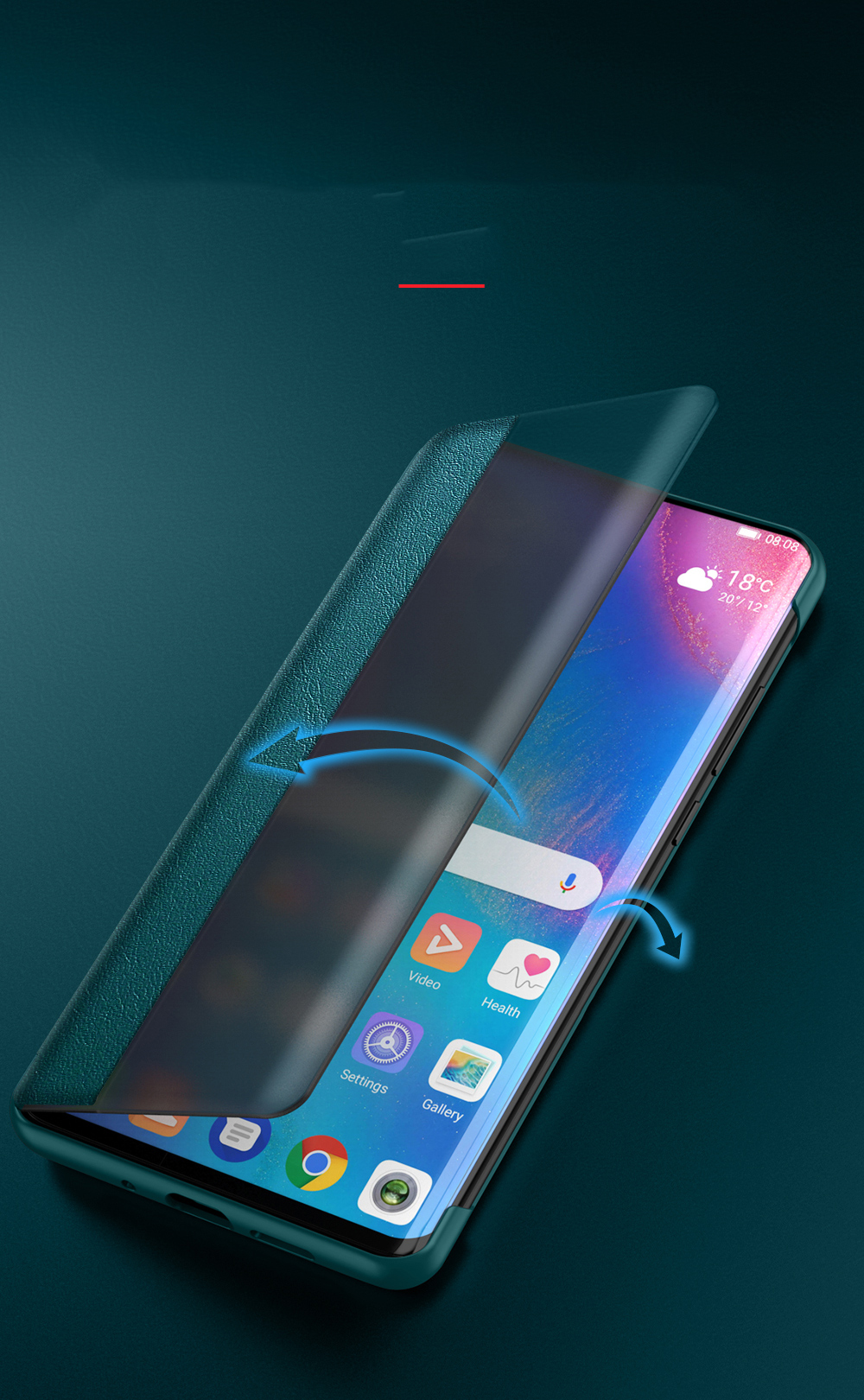 Case Huawei P40 Pro / Pre-order * หนังวัวแท้ + Phone พลาสติกปลอกคลุมด้วยดูหน้าต่าง ฟังก์ชั่นปลุกและนอนหลับอย่างชาญฉลาดประหยัดพลังงาน *