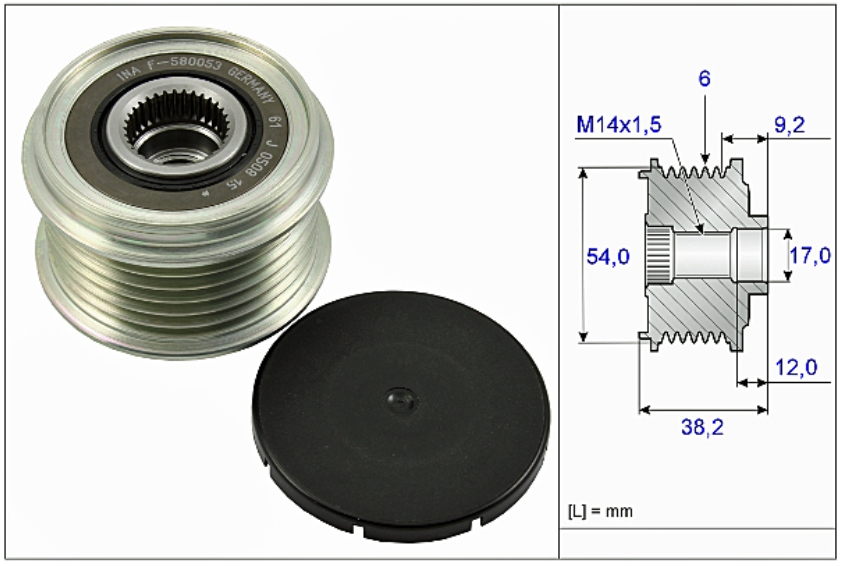 RANGE ROVER EVOQUE มู่เล่ไดชาร์ท ลูกลอก ไดชาร์จ อีโวค 2.2L / INA F-580053 / Alternator Freewheel Clutch #0263 / LR028116, LR031026, LR031624, LR088854