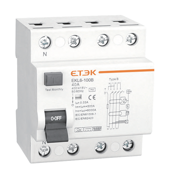 อุปกรณ์ป้องกันไฟดูด ไฟรั่ว RCCB Type B 30mA ยี่ห้อ ETEK รุ่น 4P 40A สำหรับเครื่องชาร์จ EV และระบบโซล่าเซลล์