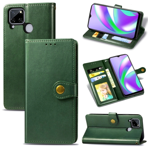 Case Realme C12 / Pre-order * เคสโทรศัพท์หัวเข็มขัดหนังสีทึบพร้อมสายคล้องและกรอบรูปและช่องเสียบการ์ดและกระเป๋าสตางค์และขาตั้ง *