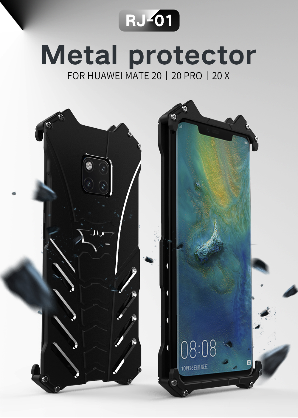 Case Huawei Mate 20 Pro / Pre-order * R-JUST เกราะป้องกันชิ้นโลหะกันกระแทก พร้อมขาตั้ง - ดำ *