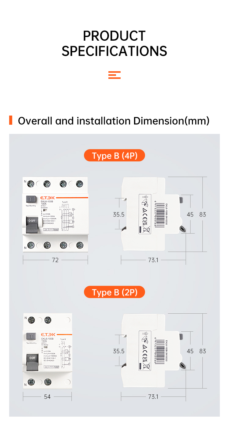 อุปกรณ์ป้องกันไฟดูด ไฟรั่ว RCCB Type B 30mA ยี่ห้อ ETEK รุ่น 4P 40A สำหรับเครื่องชาร์จ EV และระบบโซล่าเซลล์