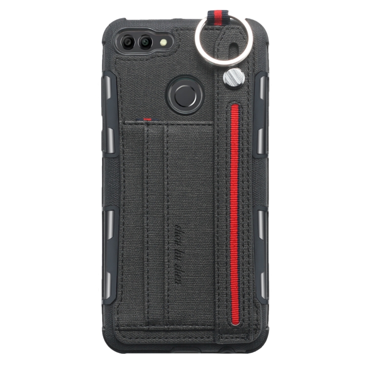 Case Huawei Y9 / Pre-order * เคสเนื้อผ้า + เคสกันกระแทก TPU พร้อมแหวนโลหะและตัวยึดและช่องเสียบการ์ดและสายห้อย *