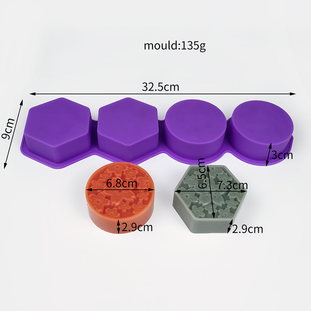 แม่พิมพ์ซิลิโคนหกเหลี่ยม วงกลม ดอกซากระ คละลาย 4 ช่อง 110g วงกลม 6.5*2.7 cm. หกเหลี่ยม 7*6.8*2.7 cm 008001