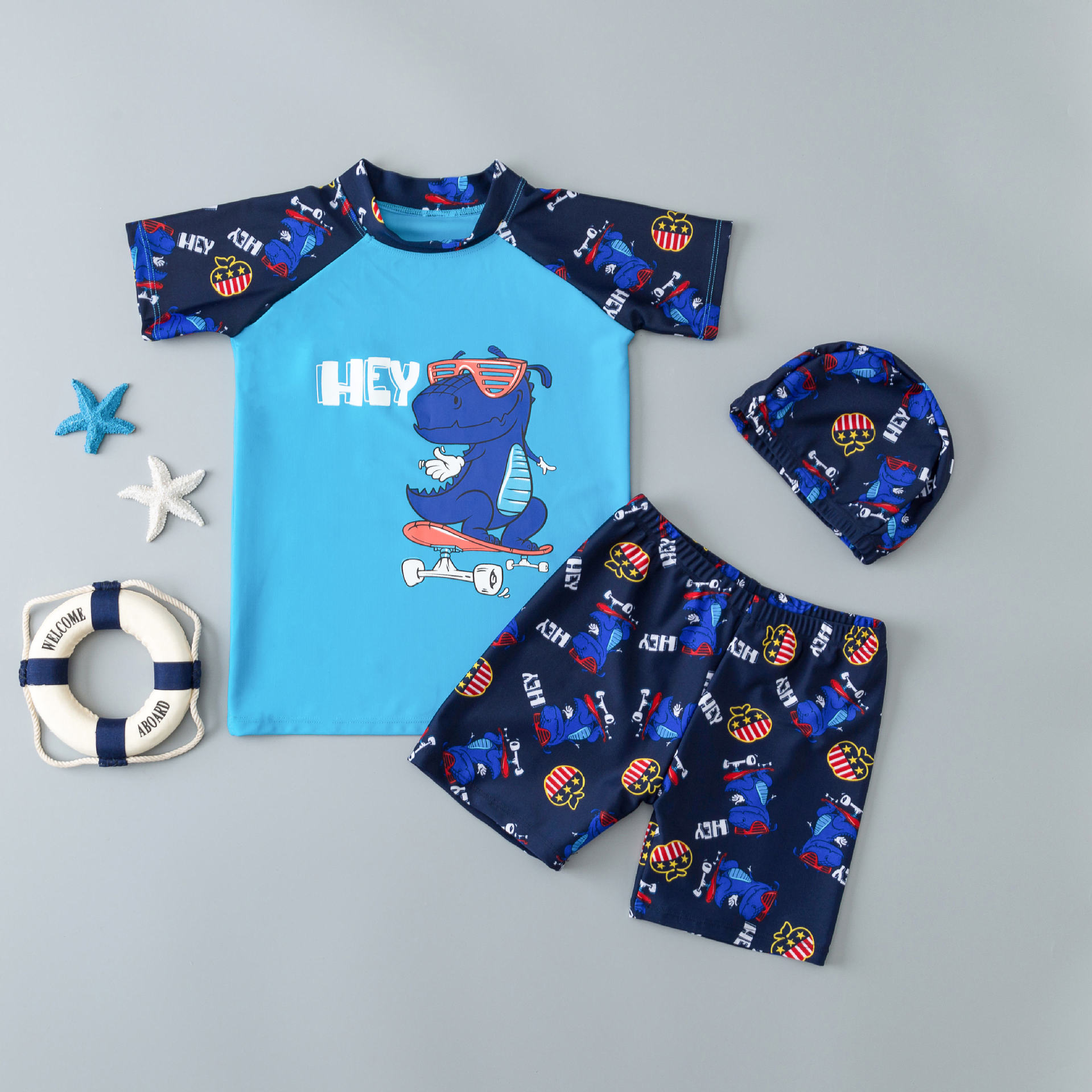 ชุดว่ายน้ำ พร้อมหมวก ลายไดโนเสาร์ ไซส์ 2XL-4XL