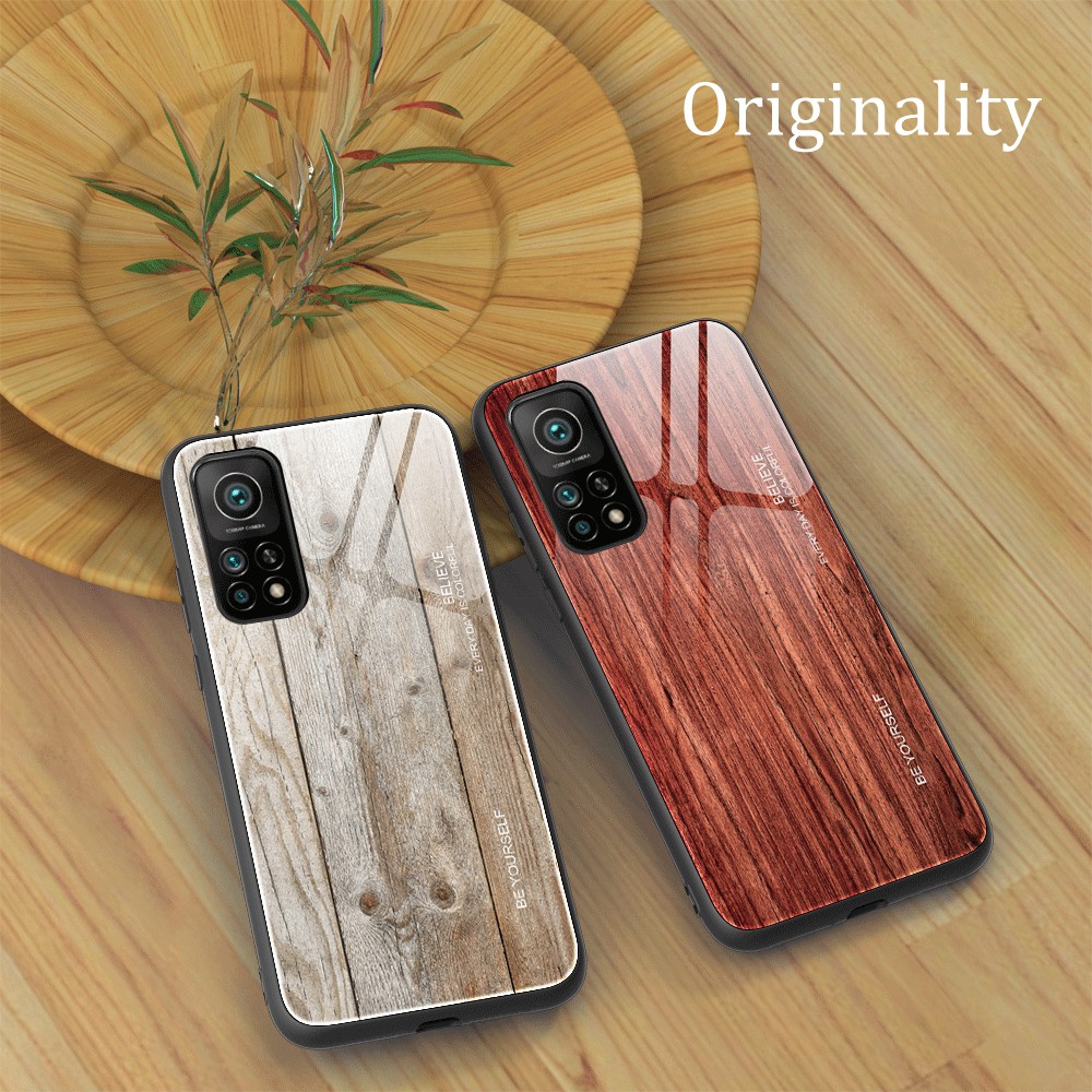 Case Xiaomi Mi 10T 5G / Mi 10T Pro 5G / Pre-order * เคสกระจกนิรภัยปกหลังลายไม้เนื้อ TPU ขอบ *