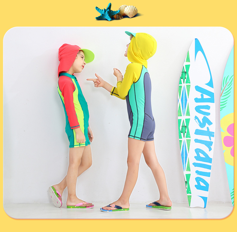 ชุดว่ายน้ำ พร้อมหมวกปิดคอ สีเทาเหลือง ไซส์ 5XL