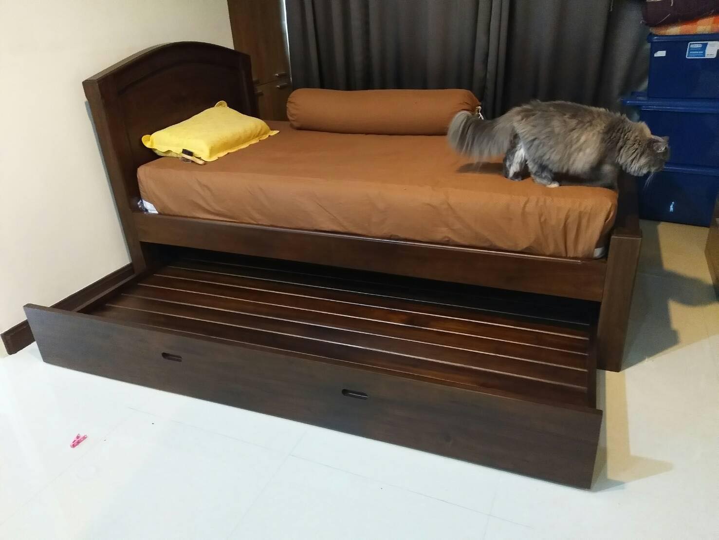 เตียงไม้สัก3ฟุตมีเตียงเสริมสไลด์