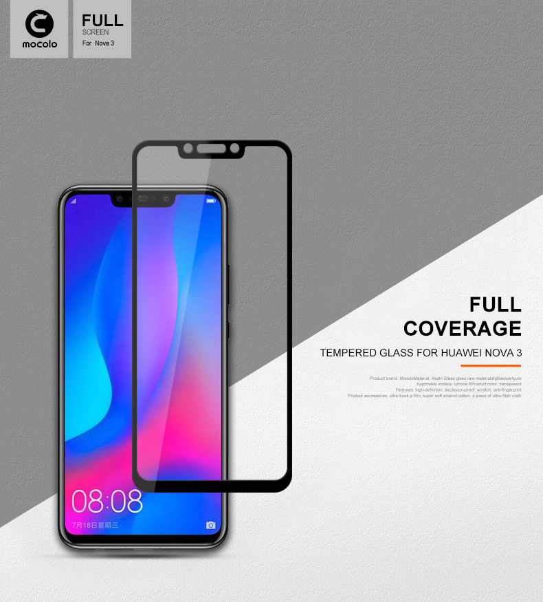 กระจกนิรภัย Huawei Nova 3 / Pre-Order * MOCOLO ผ้าไหมพิมพ์ ครอบคลุมกระจกนิรภัยที่สมบูรณ์แบบ *