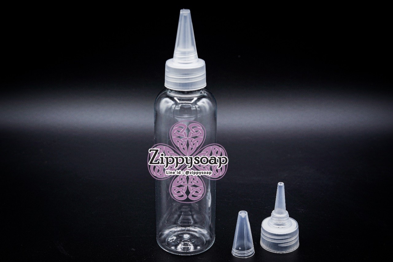 ขวดpet 120ml 24 mm+จุก+ฝาหมึกแหลมใส