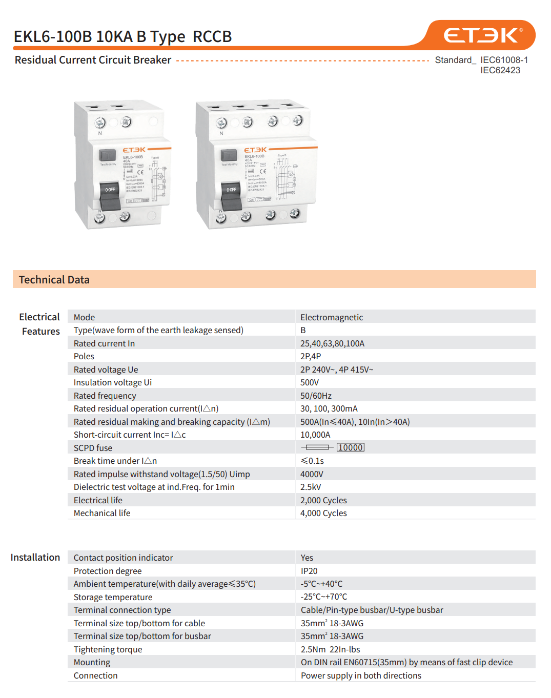 อุปกรณ์ป้องกันไฟดูด ไฟรั่ว RCCB Type B 30mA ยี่ห้อ ETEK รุ่น 2P 40A สำหรับเครื่องชาร์จ EV และระบบโซล่าเซลล์