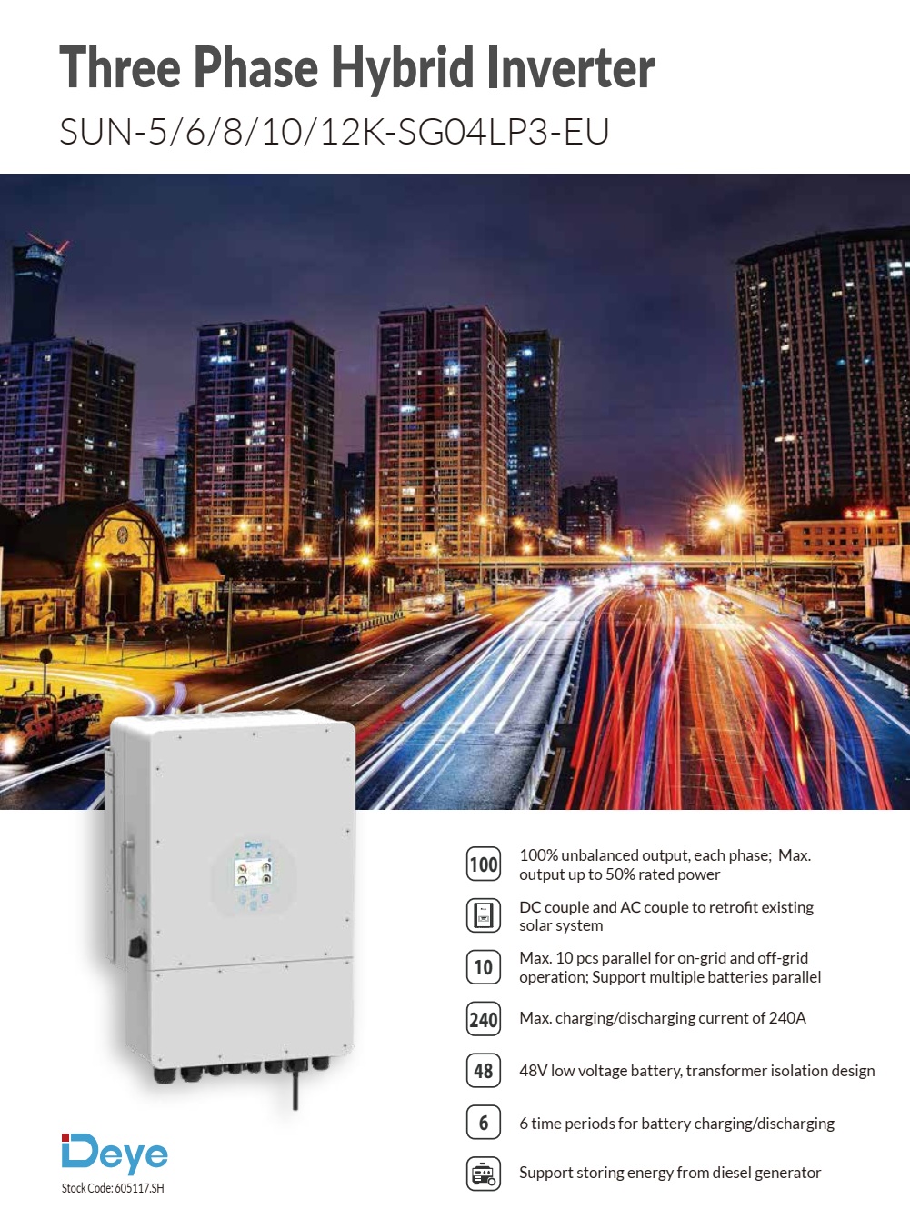 DEYE ไฮบริด ออน/ออฟกริด อินเวอร์เตอร์ Hybrid ON/OFF Grid Inverter 10KW 3 Phase รุ่น SUN-10K-SG04LP3-EU