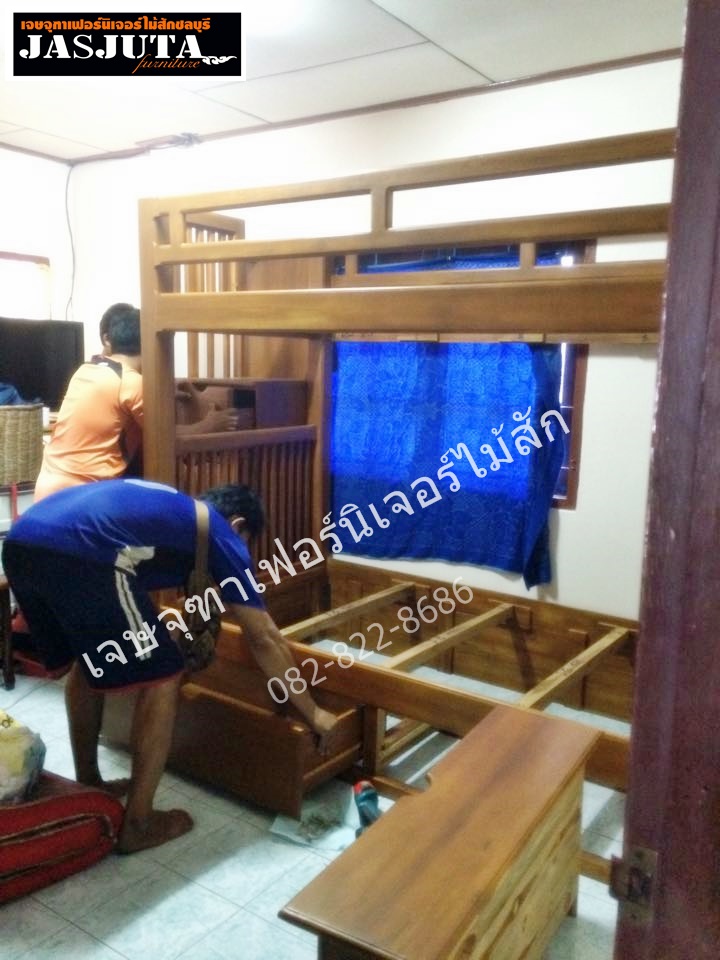 เตียงไม้สัก3ฟุตครึ่ง 2ชั้นบันไดลิ้นชัก