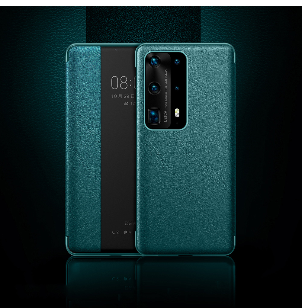 Case Huawei P40 Pro / Pre-order * หนังวัวแท้ + Phone พลาสติกปลอกคลุมด้วยดูหน้าต่าง ฟังก์ชั่นปลุกและนอนหลับอย่างชาญฉลาดประหยัดพลังงาน *