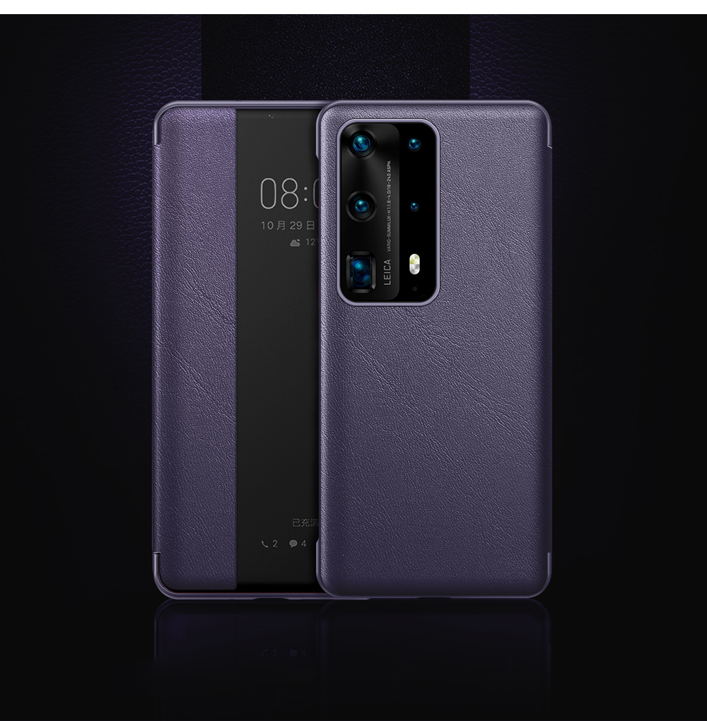 Case Huawei P40 Pro / Pre-order * หนังวัวแท้ + Phone พลาสติกปลอกคลุมด้วยดูหน้าต่าง ฟังก์ชั่นปลุกและนอนหลับอย่างชาญฉลาดประหยัดพลังงาน *