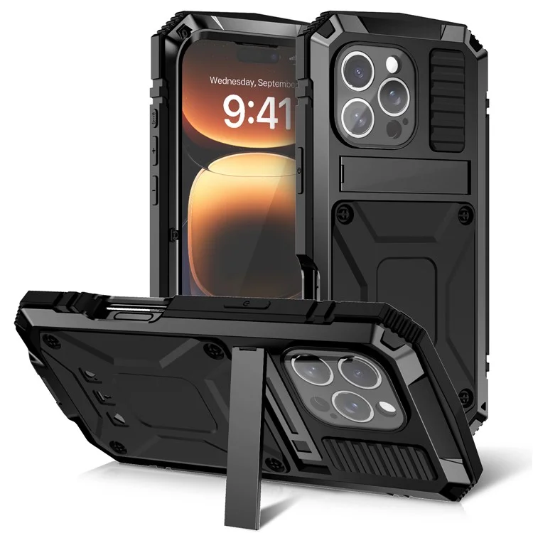Case iPhone 16 Pro Max # Pre-order * R-JUST เคสโทรศัพท์มือถือพีซี + ซิลิโคน + ขาตั้งโลหะ พร้อมฟิล์มกระจกนิรภัย *