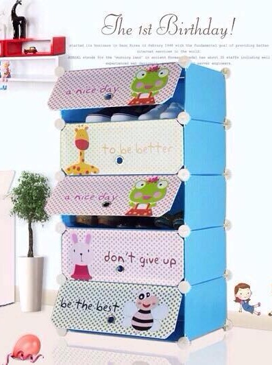 ตู้รองเท้า DIY 5 ช่อง ลายสัตว์น้อย สีฟ้า