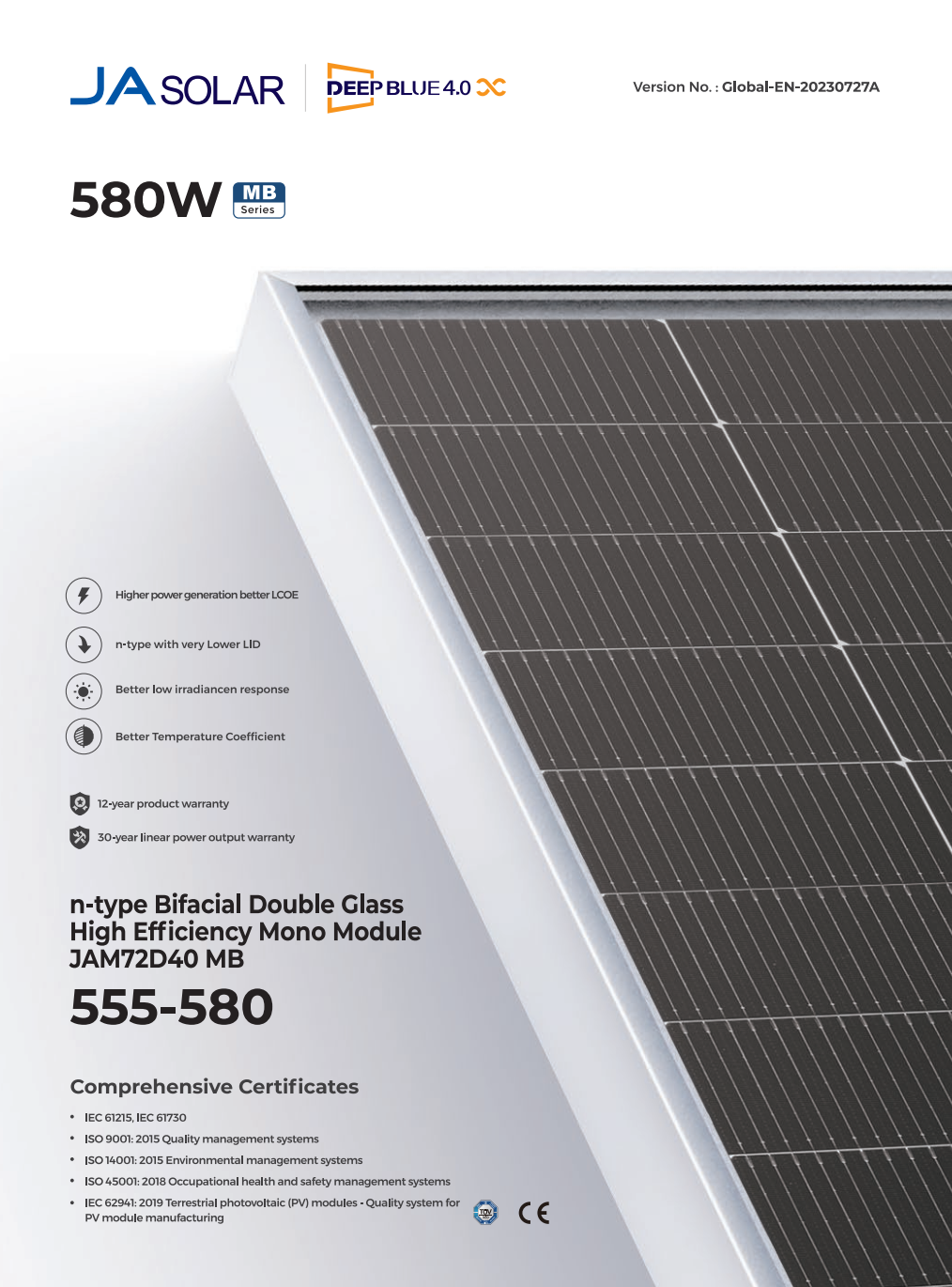 แผงโซล่าเซลล์ (Solar Panel) โมโน Half Cell ยี่ห้อ JA Solar 580W ชนิด N-Type (JAM72D40-580/MB)