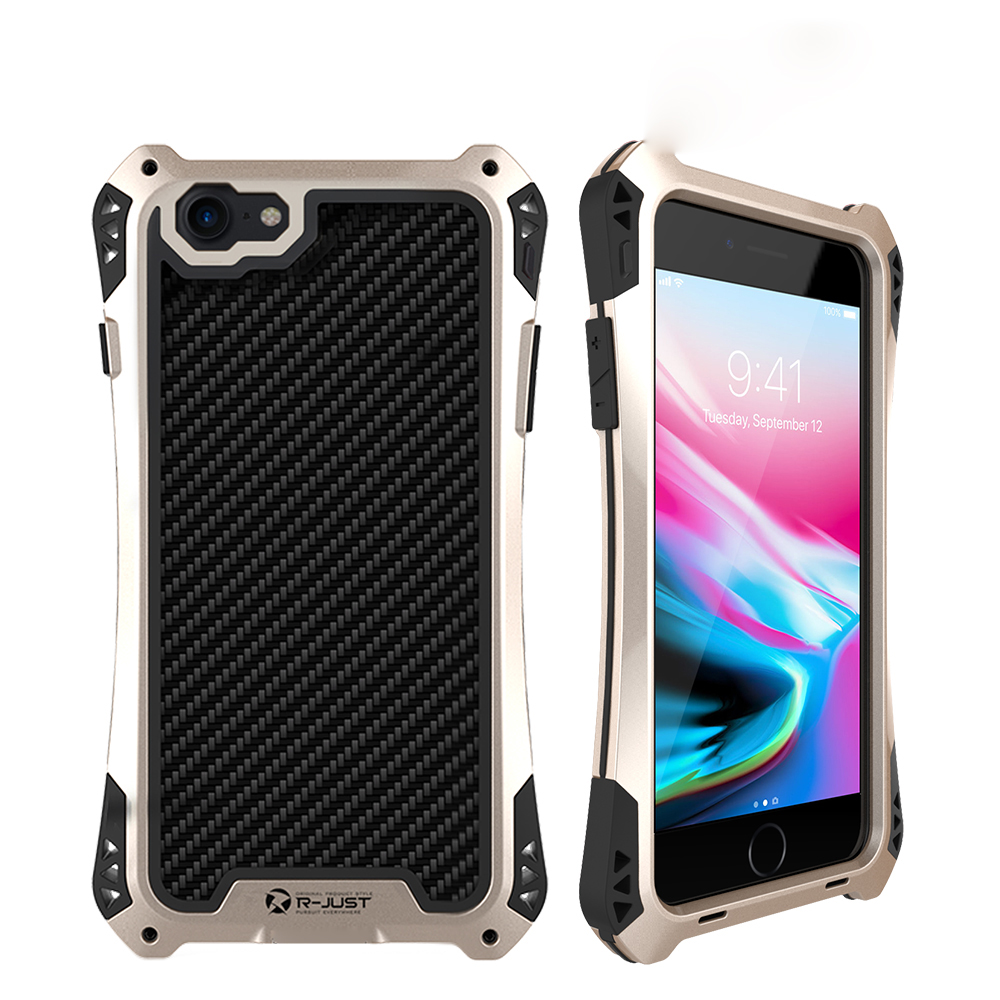 Case iPhone SE (2020) / Pre-Order * R-Just ShocKproof เนื้อคาร์บอนไฟเบอร์ซิลิโคน + โลหะรอบทิศทางป้องกันไฮบริดเคสที่มีกระจกกันรอยหน้าจอ *