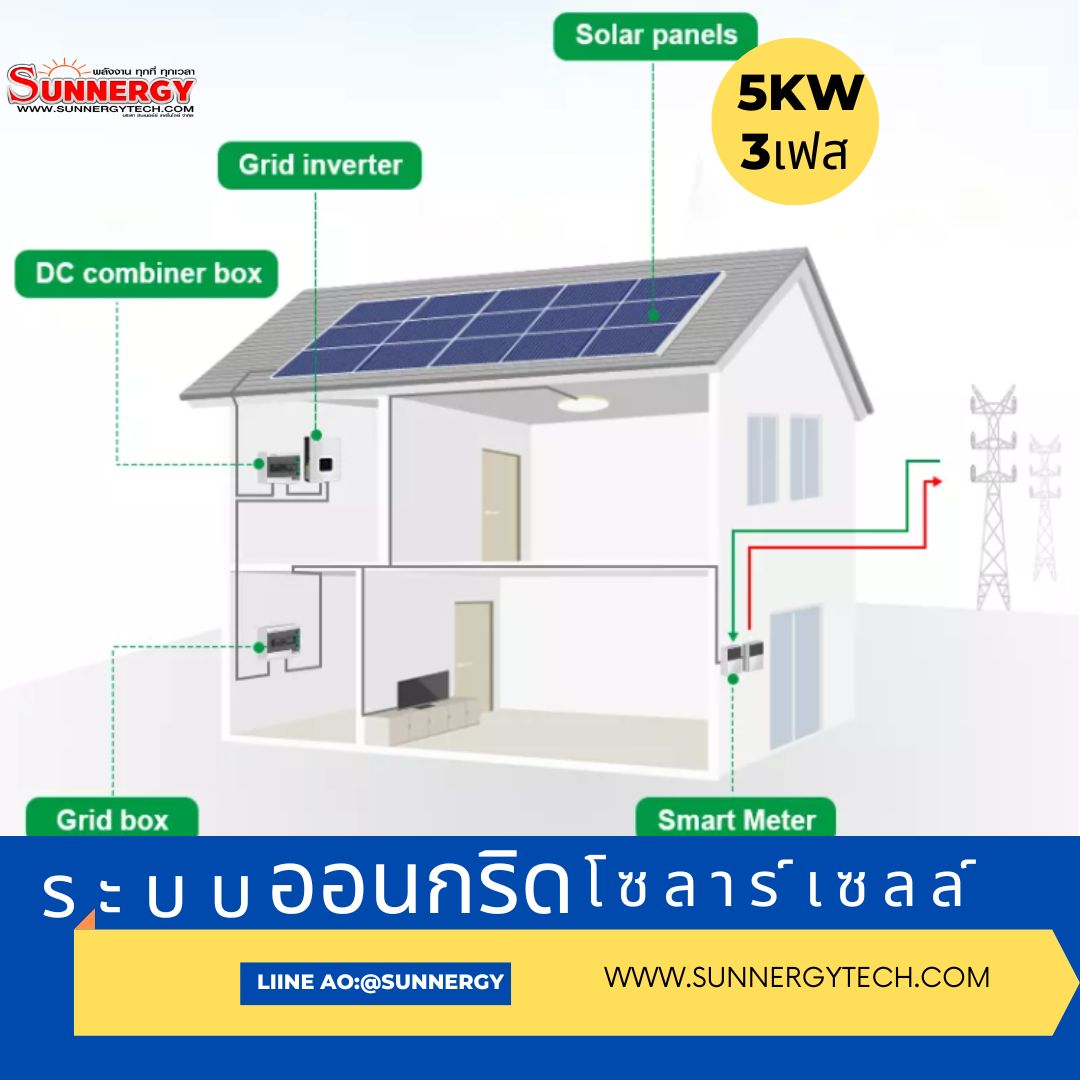 ติดตั้งโซล่าเซลล์3เฟส 5KW ติดตั้งโซล่าเซลล์ออนกริด 5KW 3 เฟส