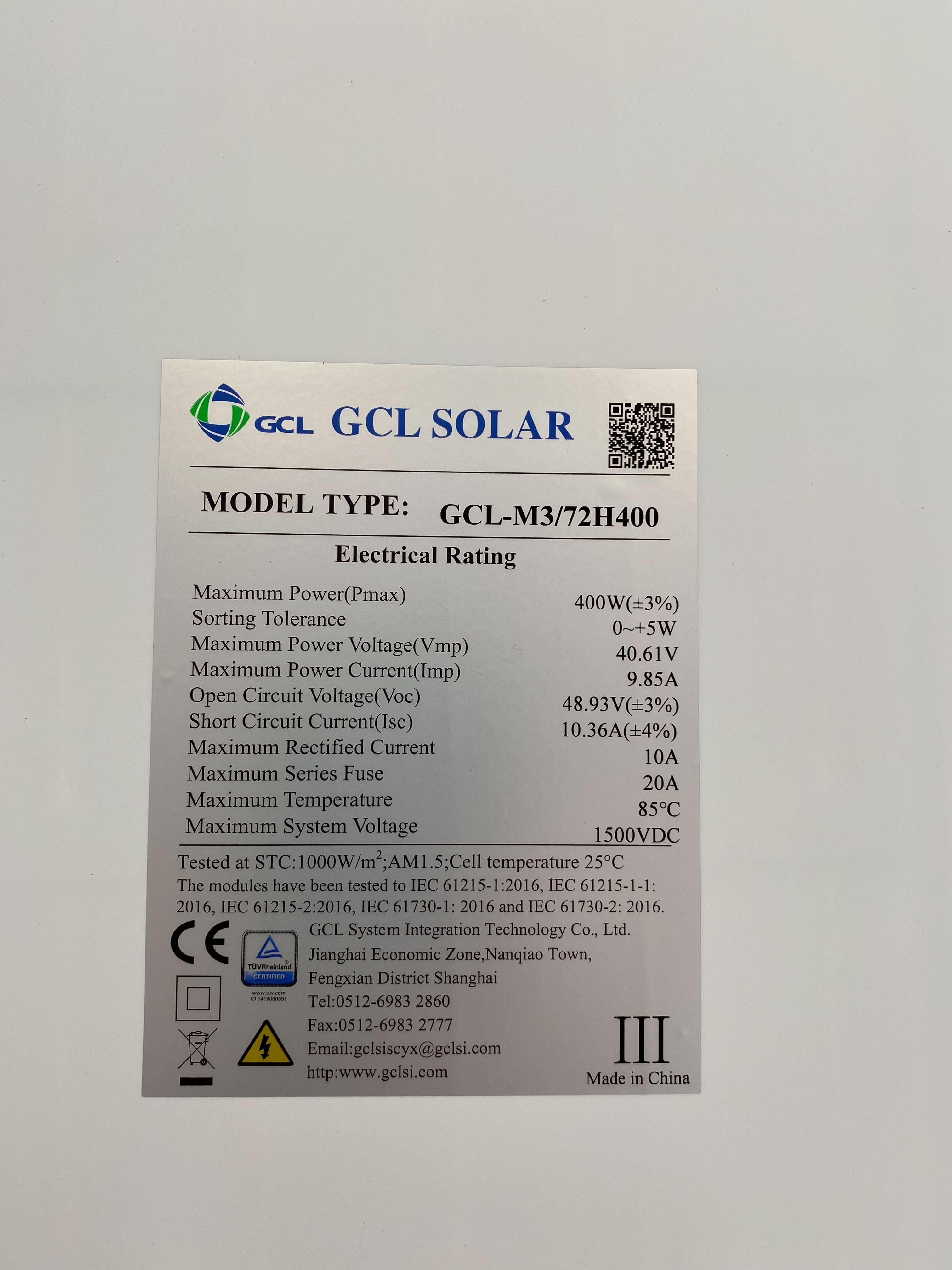 แผงโซล่าเซลล์โมโน PERC Half Cell ยี่ห้อ GCL 400W เกรดพรีเมียม Tier 1