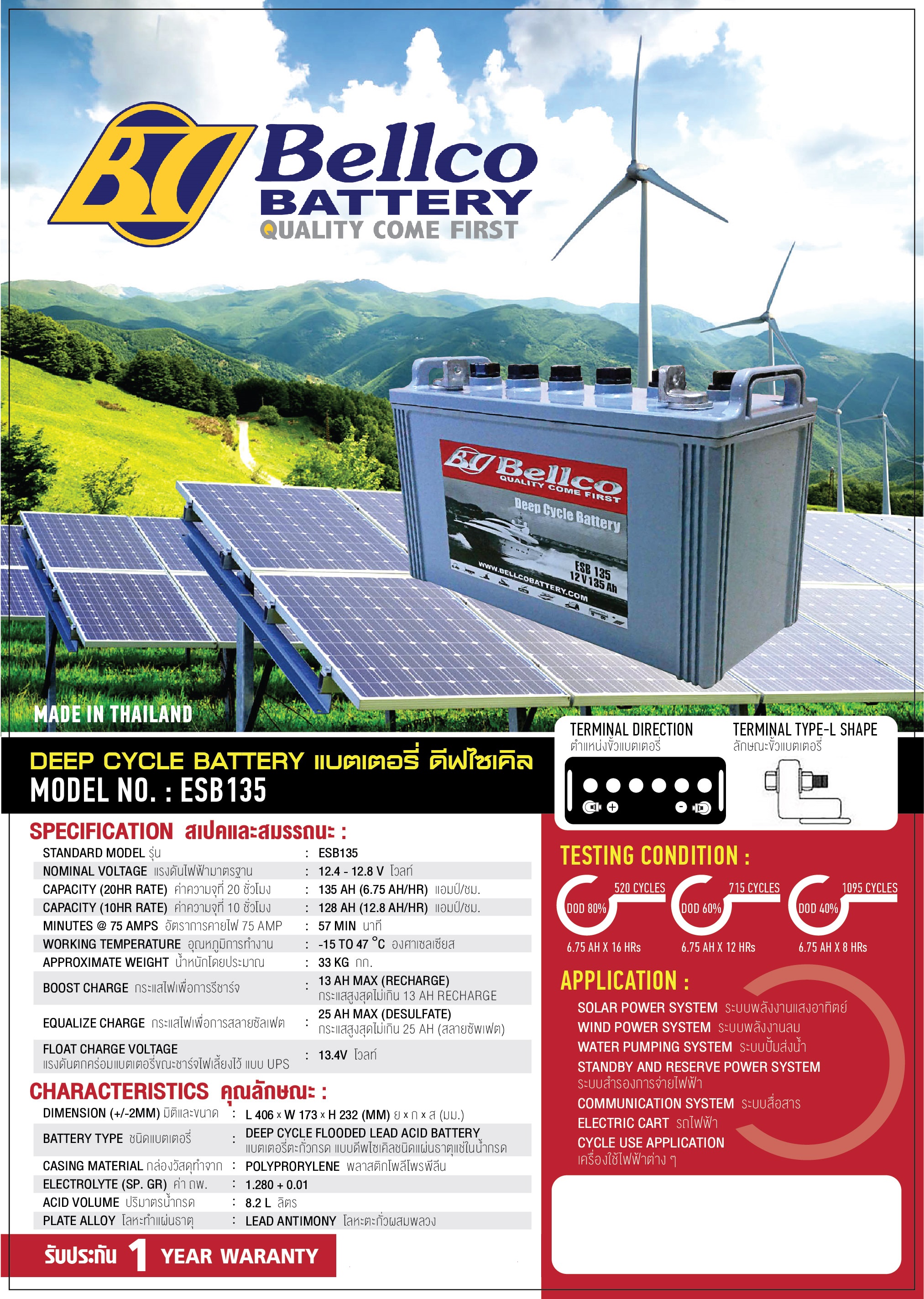 แบตเตอรี่เบลโก้ Deep cycle Bellco 135Ah (ESB135)