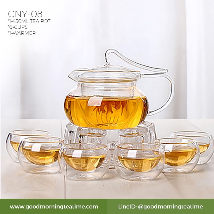 ชุดกาน้ำชา กาแก้วใส 450 ml. รหัส CNY 08 | กาแก้ว 450 ml 1 ใบ, แก้วชาสองชั้น 6 ใบ, เตาอุ่นแบบหัวใจ 1 ใบ