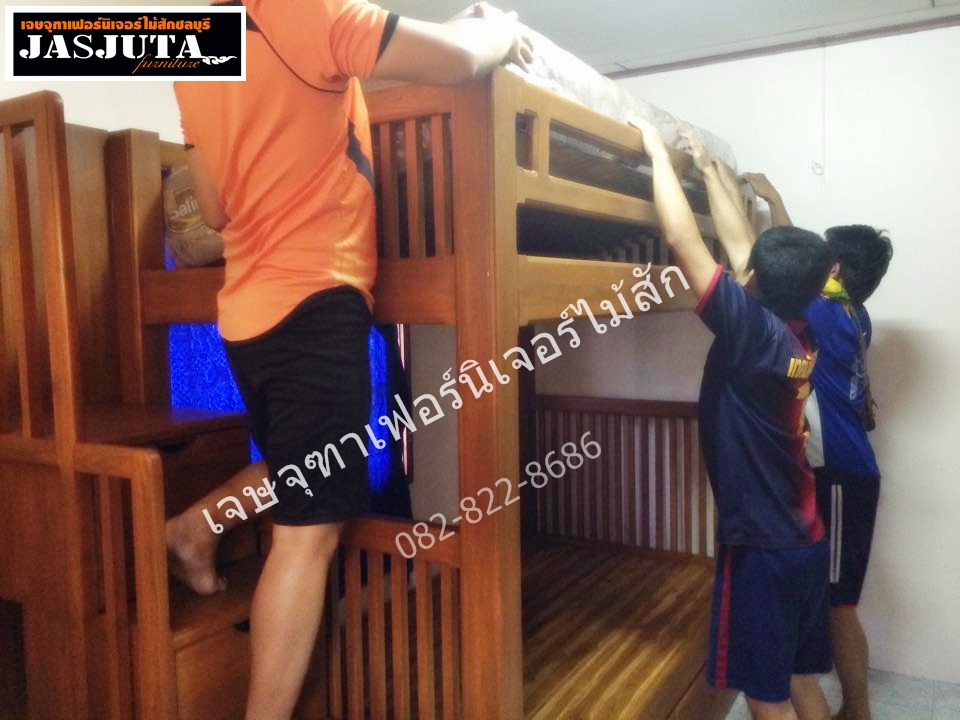เตียงไม้สัก3ฟุตครึ่ง 2ชั้นบันไดลิ้นชัก