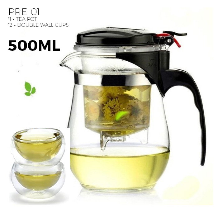 แก้วชงชาแบบมีปุ่มกด พร้อมที่กรองใบชา ขนาด 500ml. ทรงอ้วน ฟรีแก้วชาแก้วสองชั้น 1 ใบ