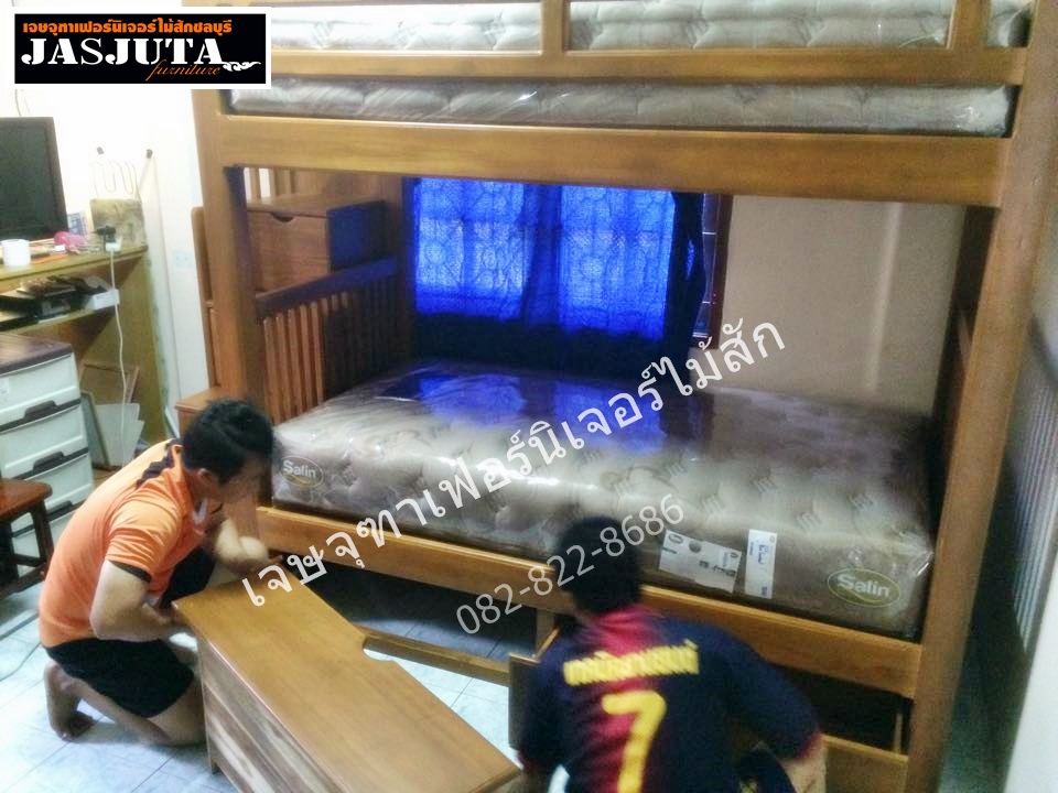 เตียงไม้สัก3ฟุตครึ่ง 2ชั้นบันไดลิ้นชัก
