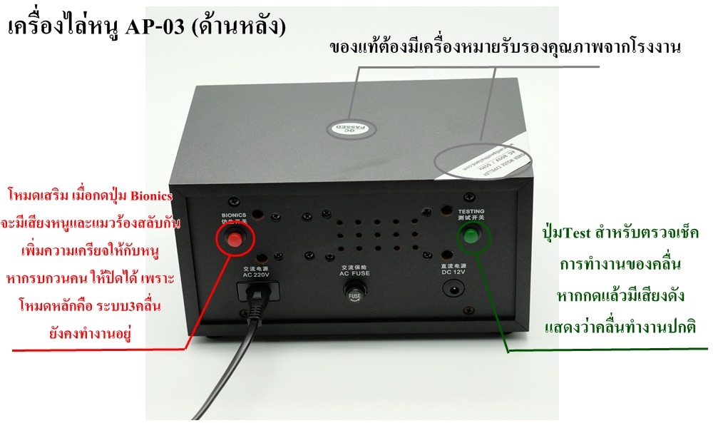 หลักการทำงานของเครื่องไล่หนู Ap03 โหมดเสริม เมื่อกดปุ่ม Bionics จะมีเสียงหนูและแมวร้องสลับกัน เพิ่มความเครียจให้กับหนู หากรบกวนคน ให้ปิดได้ เพราะ โหมดหลักคือ ระบบ3คลื่น ยังคงทำงานอยู่