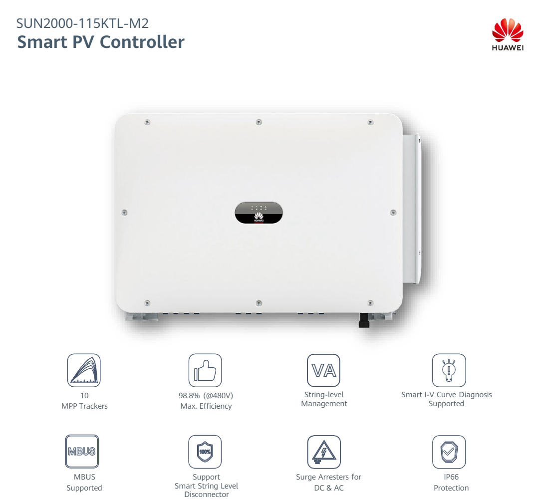โซล่าอินเวอร์เตอร์ Huawei SUN2000-115KTL-M2 รับประกัน 5 ปี หรือ 10 ปี ผ่าน MEA และ PEA