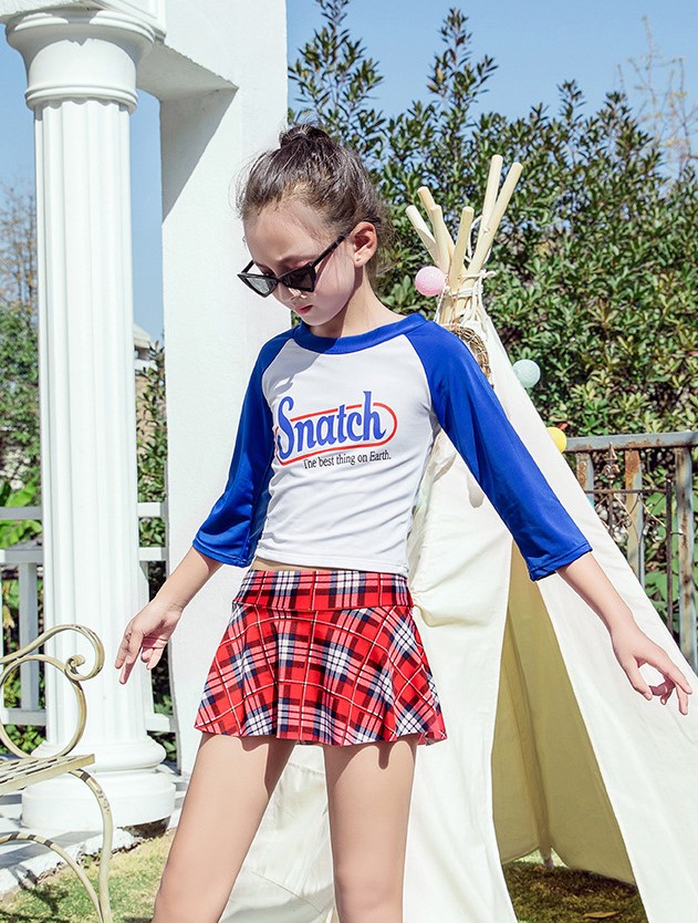 ชุดว่ายน้ำแยกชิ้น ลายสก๊อต สีน้ำเงินแดง ไซส์ XL