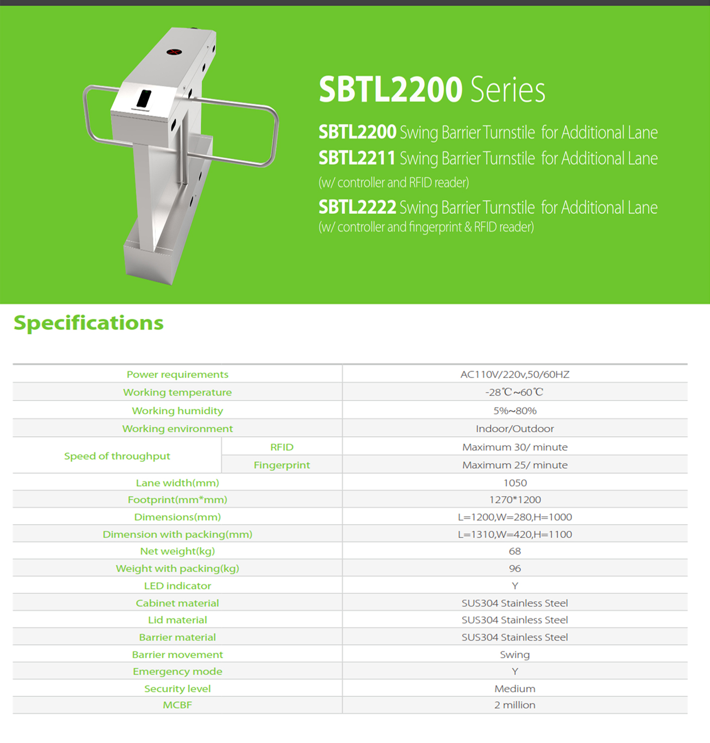 ZKTEco ระบบประตูโรงงาน Turnstile and Swing Gate รุ่น SBTL2200,SBTL2211,SBTL2222