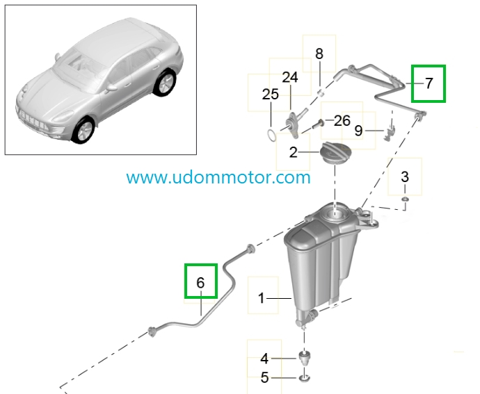 Porsche Macan ท่อพลาสติก จากกระป๋องพักหม้อน้ำ (เบอร์ 6 และ 7) อะไหล่แท้ / 95B122447F, 95B121447A / Breather line