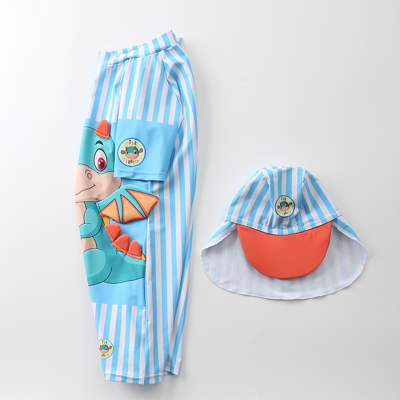 ชุดว่ายน้ำ พร้อมหมวก ลายไดโนเสาร์ สีฟ้า ไซส์ L