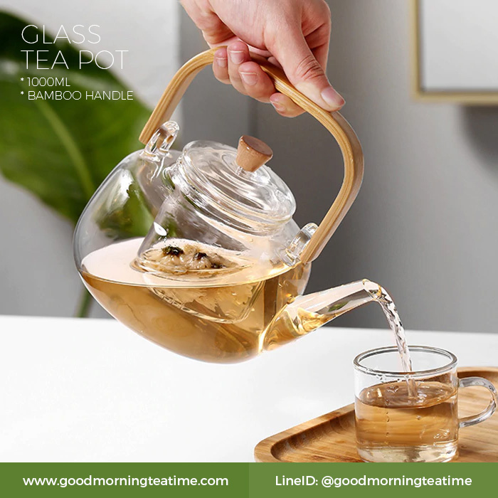 กาน้ำชา กาชงชาแก้วใส หูจับไม้ไผ่ ขนาด 1000 ml. กาน้ำชา กาชงชาแก้วใส หูจับไม้ไผ่ ขนาด 1000 ml.